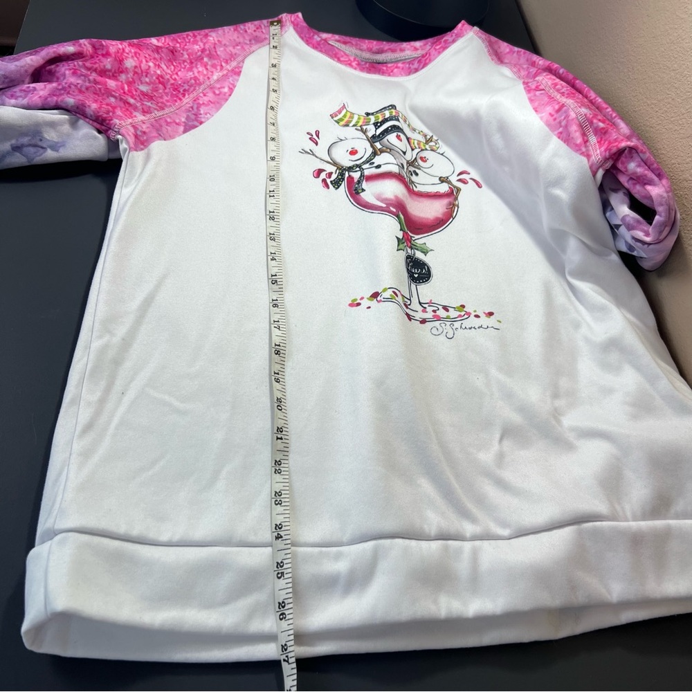 Festive Snowman Wine Glass Sweatshirt – White & Pink Trim – Size Large - Picture 6 of 11